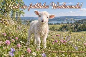 Lamm in der Blumenwiese, Text: Hab ein fröhliches Wochenende