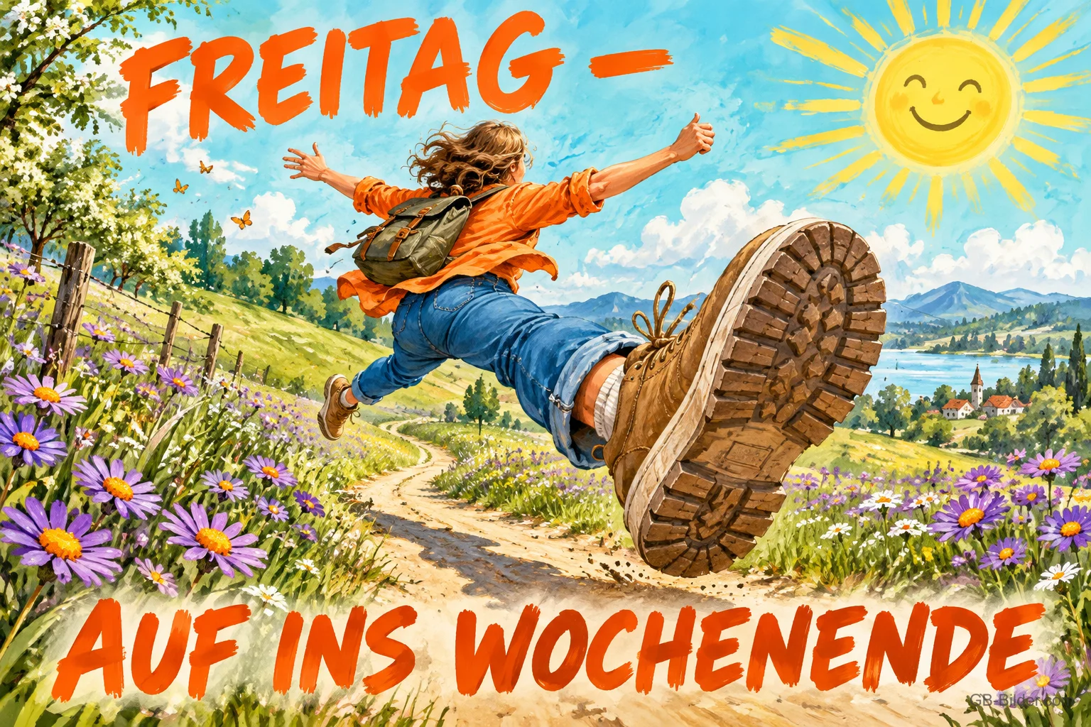 Wanderer springt mit großem Stiefel jubelnd einen Feldweg entlang, Text: FREITAG – AUF INS WOCHENENDE