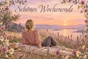 Frau liegt entspannt auf einer Blumenwiese über dem See, Text: Schönes Wochenende