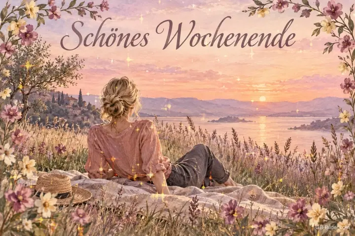 Frau liegt entspannt auf einer Blumenwiese über dem See, Text: Schönes Wochenende