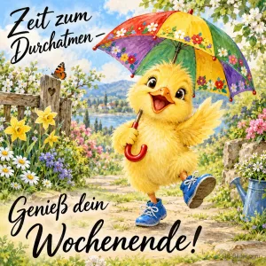 Gelbes Küken mit buntem Schirm und blauen Turnschuhen spaziert durch einen Frühlingsgarten, Text: Zeit zum Durchatmen – Genieß dein Wochenende!