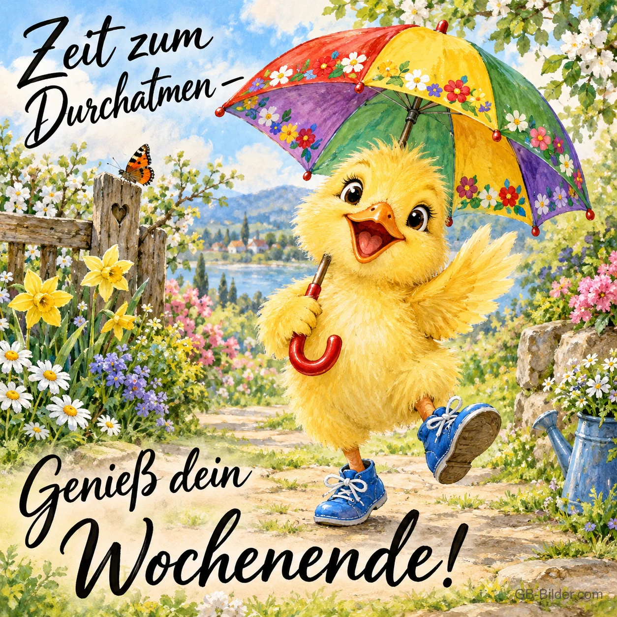 Gelbes Küken mit buntem Schirm und blauen Turnschuhen spaziert durch einen Frühlingsgarten, Text: Zeit zum Durchatmen – Genieß dein Wochenende!