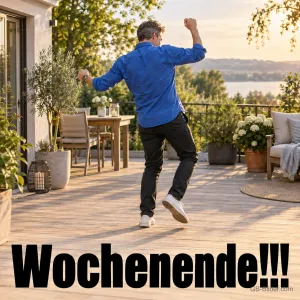 Mann im blauen Hemd tanzt auf einer Terrasse, Text: Wochenende!!!