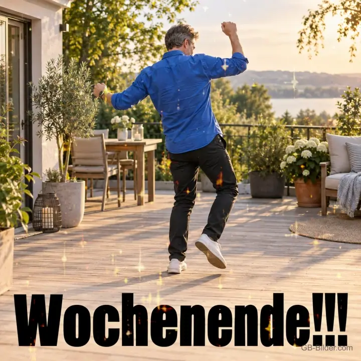 Mann im blauen Hemd tanzt auf einer Terrasse, Text: Wochenende!!!