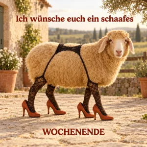 Schaf mit Netzstrümpfen, lustiger Spruch, Text: Ich wünsche euch ein schaafes WOCHENENDE
