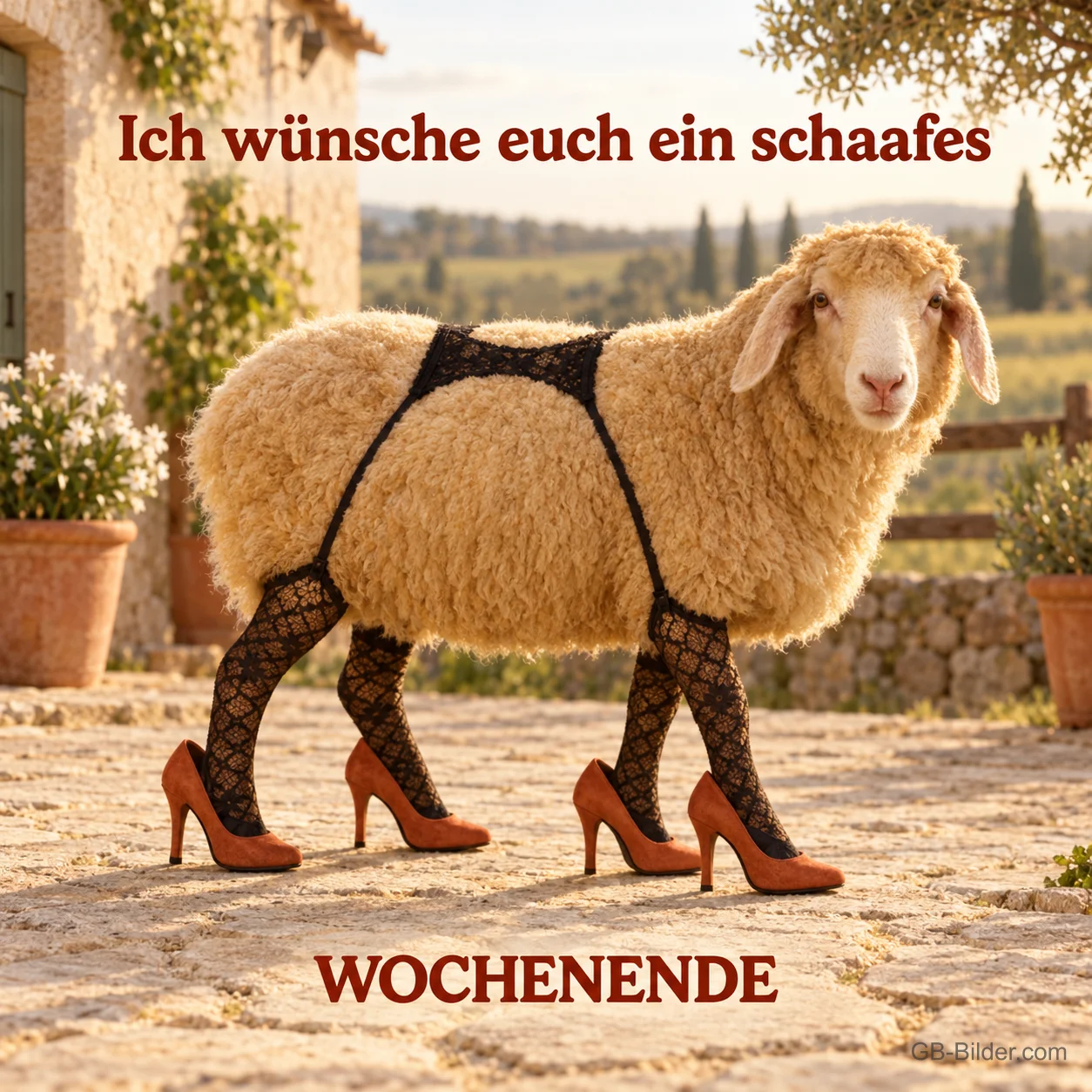 Schaf mit Netzstrümpfen, lustiger Spruch, Text: Ich wünsche euch ein schaafes WOCHENENDE