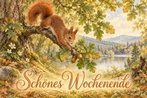 Eichhörnchen auf einem Ast mit Eicheln über einem See, Text: Schönes Wochenende