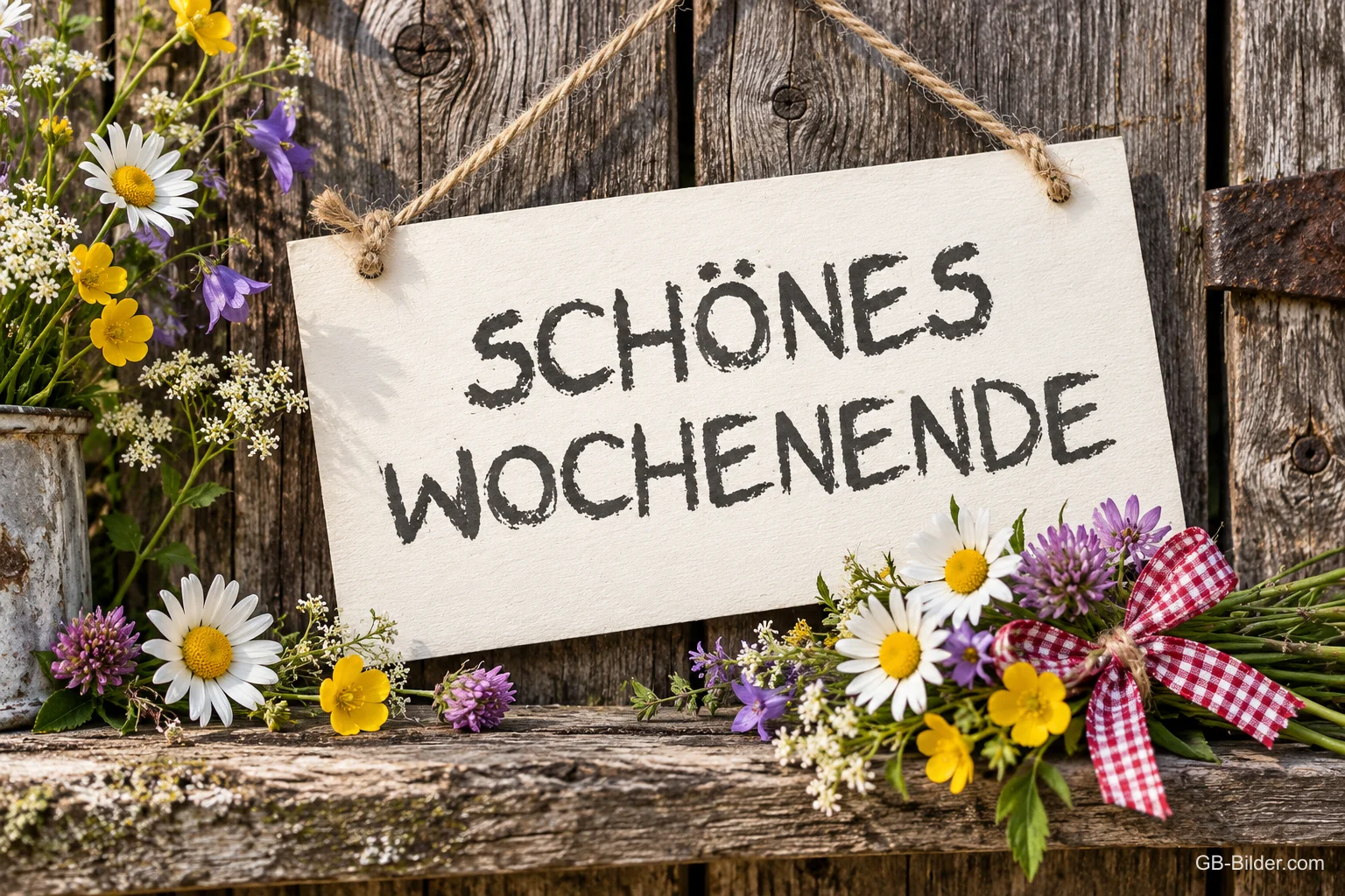 Holzschild mit Wiesenblumen, Text: SCHÖNES WOCHENENDE