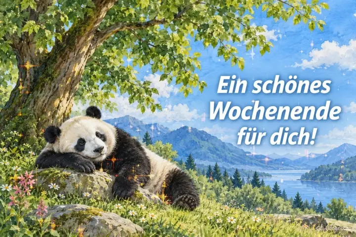 Panda liegt entspannt auf einem Felsen über einem Bergsee, Text: Ein schönes Wochenende für dich!
