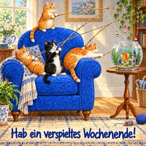 Vier Katzen angeln vom blauen Sessel aus nach einem Goldfisch im Glas, Text: Hab ein verspieltes Wochenende!