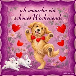 Welpe mit Herzkette tanzt zwischen Herzen und Hasen, Text: ich wünsche ein schönes Wochenende