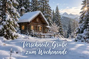 Verschneite Blockhütte mit beleuchteten Fenstern im Winterwald, Text: Verschneite Grüße zum Wochenende