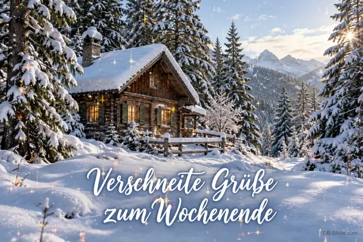 Verschneite Blockhütte mit beleuchteten Fenstern im Winterwald, Text: Verschneite Grüße zum Wochenende