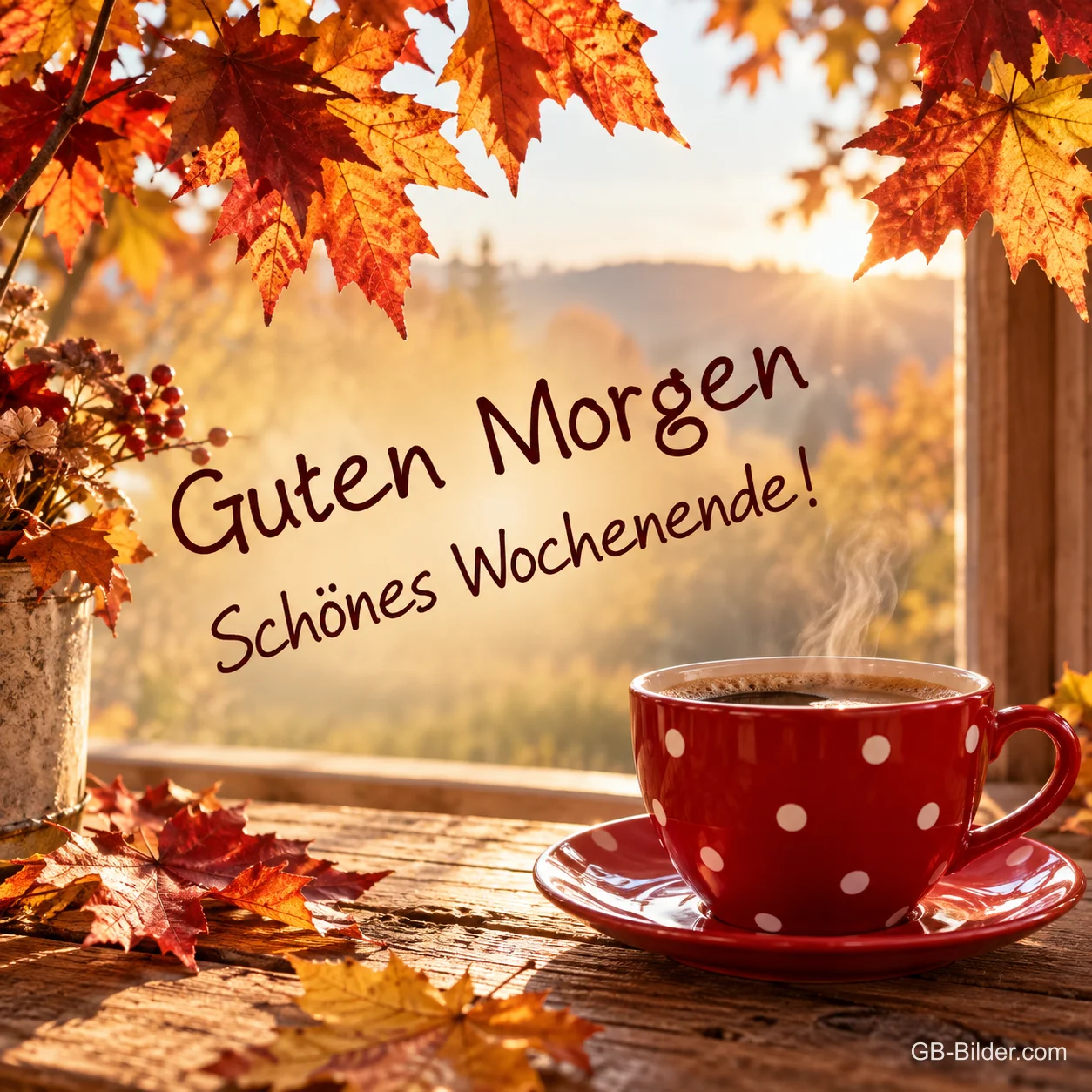Gepunktete Tasse im Herbst, Text: Guten Morgen