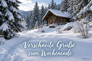 Verschneite Holzhütte im Winterwald, Text: Verschneite Grüße zum Wochenende