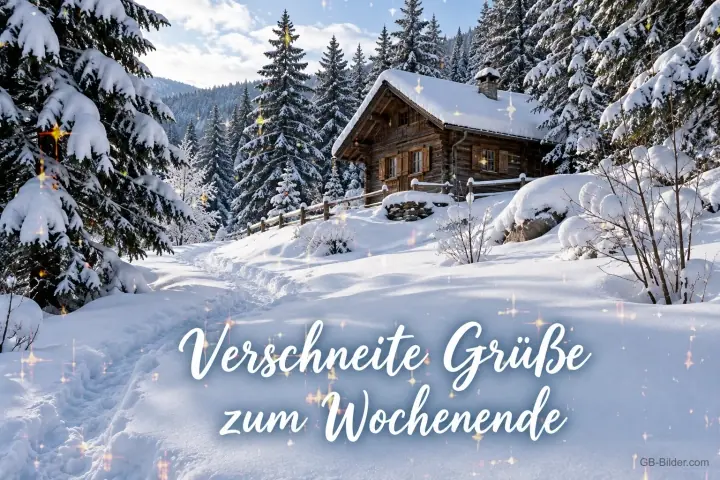 Verschneite Holzhütte im Winterwald, Text: Verschneite Grüße zum Wochenende
