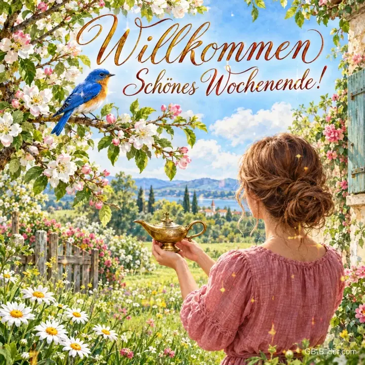 Frau hält eine goldene Lampe im blühenden Garten, daneben ein blauer Vogel, Text: Willkommen – Schönes Wochenende!
