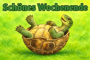 Schildkröte liegt entspannt rücklings in ihrem Panzer auf der Wiese, Text: Schönes Wochenende