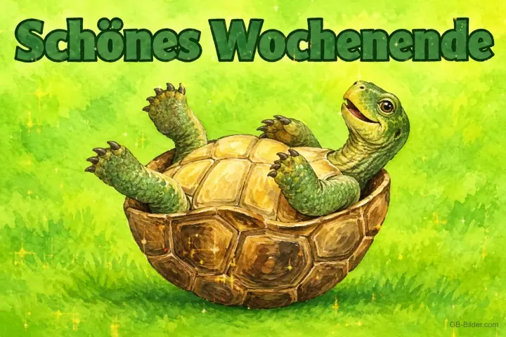 Schildkröte liegt entspannt rücklings in ihrem Panzer auf der Wiese, Text: Schönes Wochenende