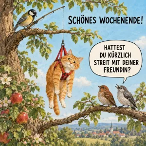 Meise angelt eine Katze, lustiger Spruch, Text: HATTEST DU KÜRZLICH STREIT MIT DEINER FREUNDIN