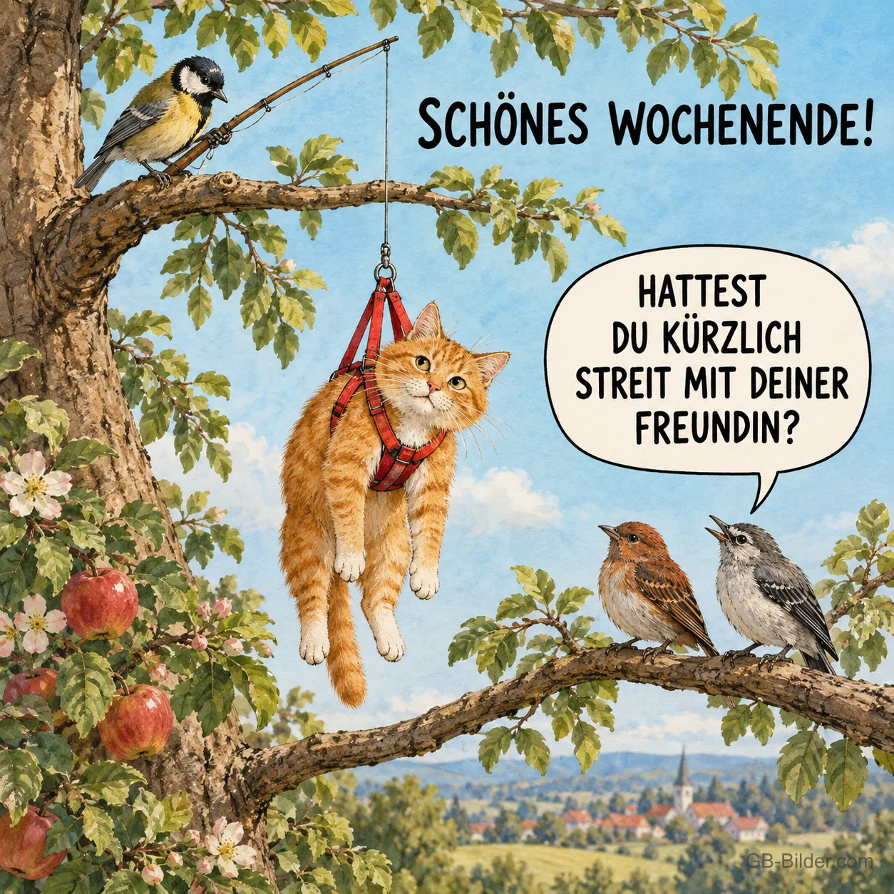 Meise angelt eine Katze, lustiger Spruch, Text: HATTEST DU KÜRZLICH STREIT MIT DEINER FREUNDIN