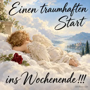 Kleiner Engel schläft auf Wolken neben einer roten Rose, Text: Einen traumhaften Start ins Wochenende!!!