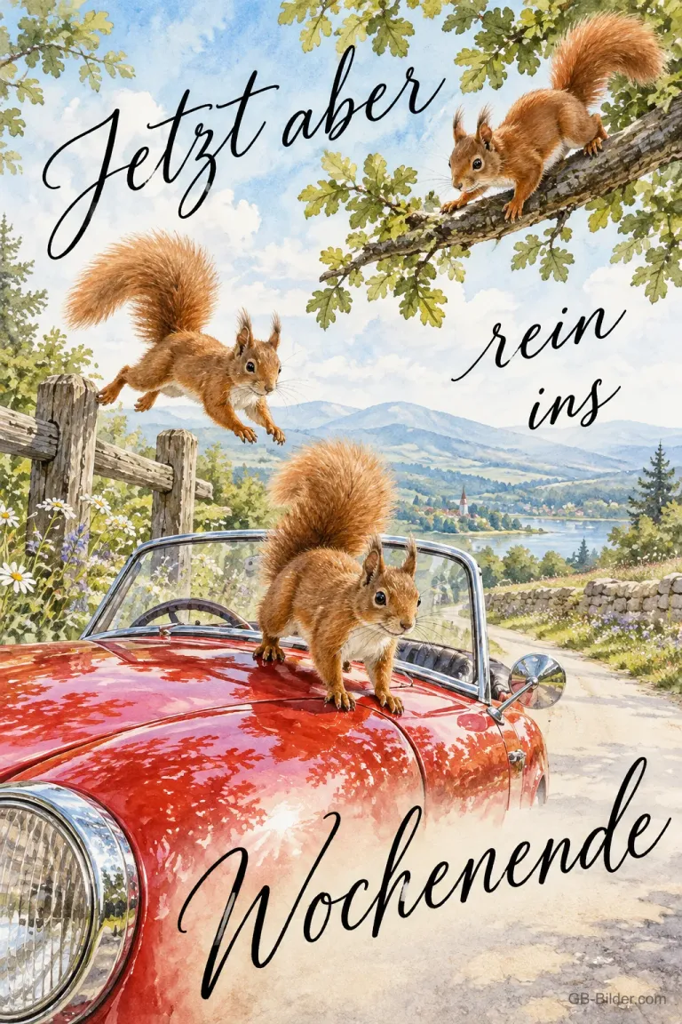 Eichhörnchen im Cabrio, Text: Jetzt aber rein ins Wochenende