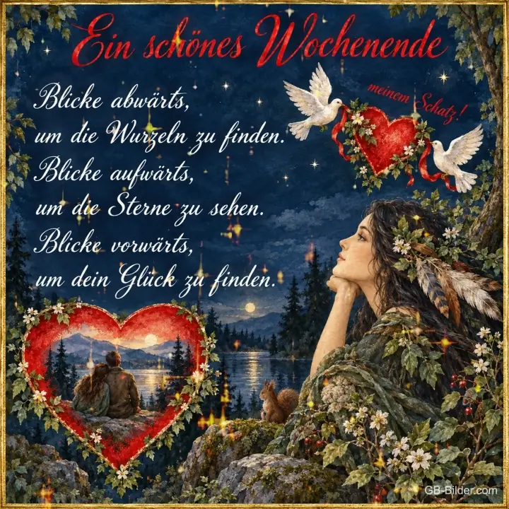 Frau mit Federn im Haar blickt in den Nachthimmel, daneben ein Herz, Text: Ein schönes Wochenende – Blicke abwärts, um die Wurzeln zu finden. Blicke aufwärts, um die Sterne zu sehen. Blicke vorwärts, um dein Glück zu finden.