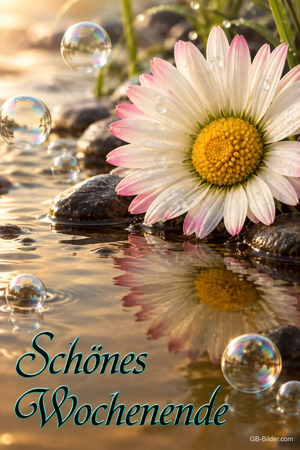 Gänseblümchen am Wasser, Text: Schönes Wochenende