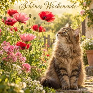 Getigerte Katze sitzt zwischen Mohnblumen im Garten, Text: Schönes Wochenende