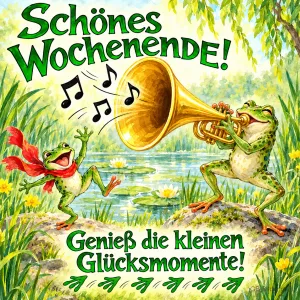 Frosch bläst Trompete, ein zweiter tanzt mit Schal am Teich, Text: Schönes Wochenende! Genieß die kleinen Glücksmomente!