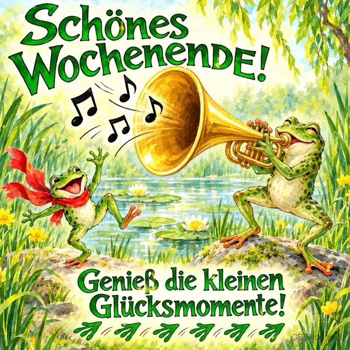 Frosch bläst Trompete, ein zweiter tanzt mit Schal am Teich, Text: Schönes Wochenende! Genieß die kleinen Glücksmomente!