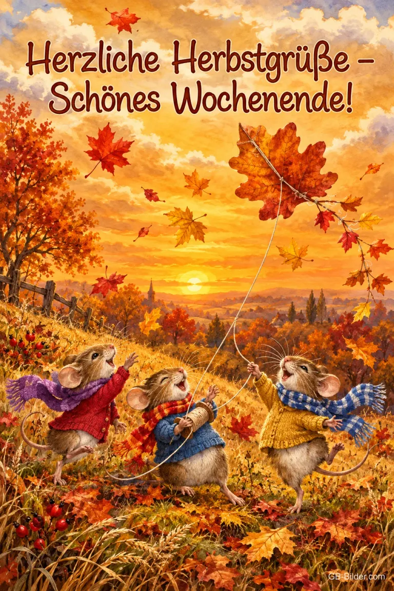 Drei Mäuse mit Schals lassen einen Blätterdrachen steigen, Text: Herzliche Herbstgrüße – Schönes Wochenende!