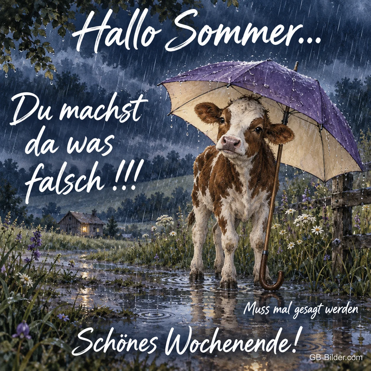 Kalb mit Regenschirm im Regen, Text: Hallo Sommer