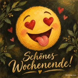 Gemalter Smiley mit Herzaugen und Zunge, Text: Schönes Wochenende!