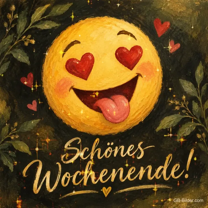 Gemalter Smiley mit Herzaugen und Zunge, Text: Schönes Wochenende!