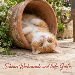 Kätzchen im Blumentopf, Text: Schönes Wochenende und liebe Grüße