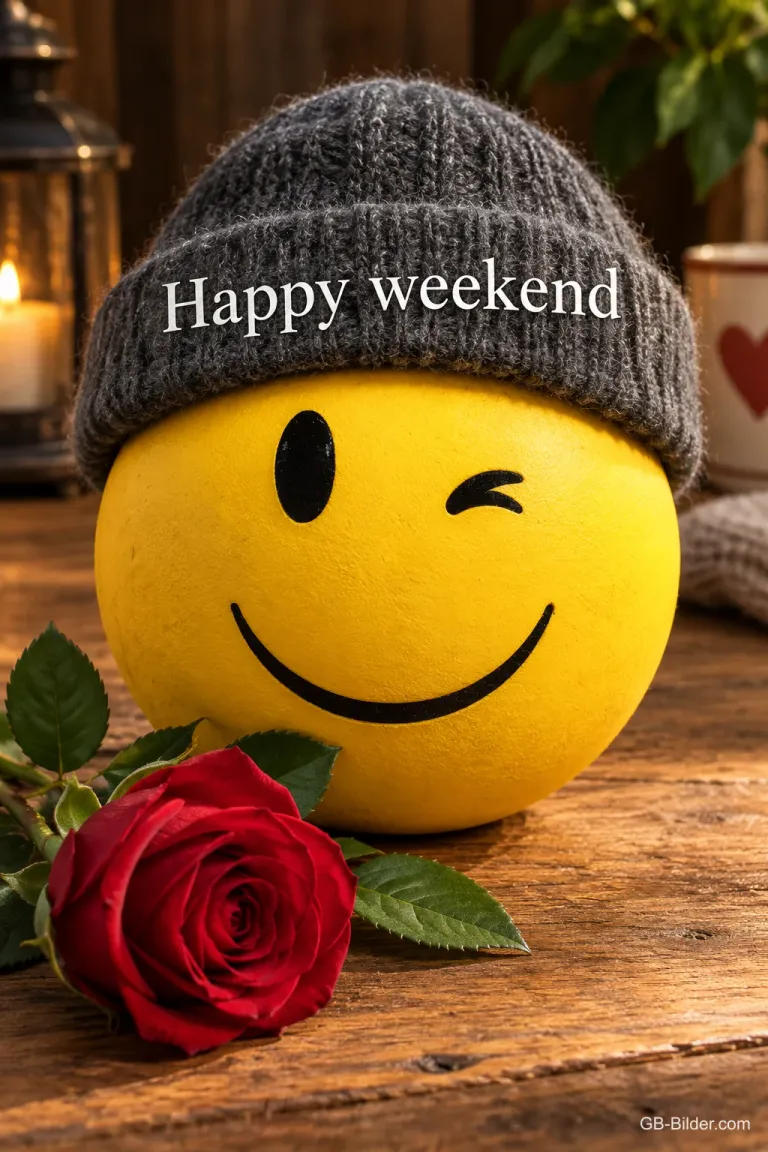 Zwinkernder Smiley mit Strickmütze und roter Rose, Text: Happy weekend
