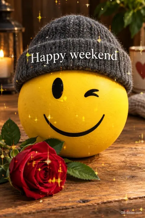 Zwinkernder Smiley mit Strickmütze und roter Rose, Text: Happy weekend