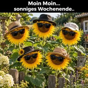 Sonnenblumen mit Sonnenbrillen, Text: Moin Moin