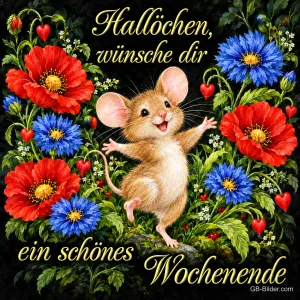 Maus tanzt fröhlich zwischen roten und blauen Blumen, Text: Hallöchen, wünsche dir ein schönes Wochenende