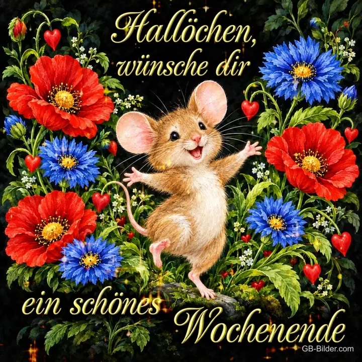 Maus tanzt fröhlich zwischen roten und blauen Blumen, Text: Hallöchen, wünsche dir ein schönes Wochenende