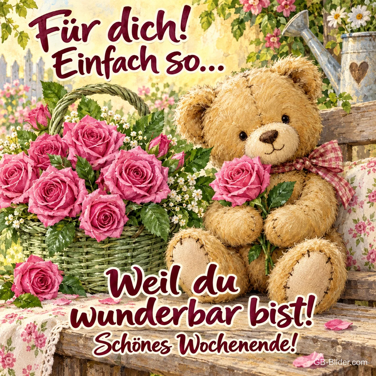 Teddybär mit Rosenkorb, Text: Für dich