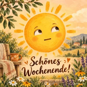 Gemalte Sonne über einer blühenden Terrasse, Text: Schönes Wochenende!