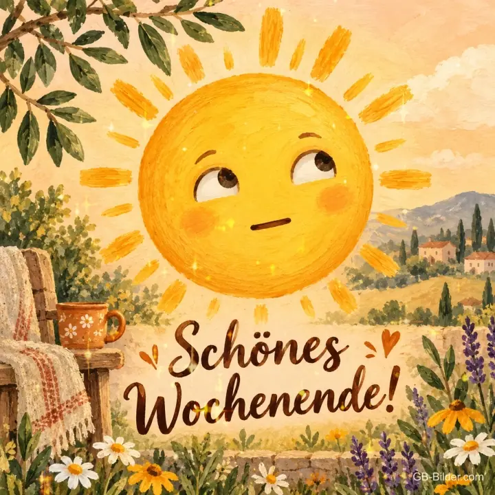 Gemalte Sonne über einer blühenden Terrasse, Text: Schönes Wochenende!