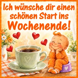 Kleinkind sitzt lächelnd auf dem Töpfchen neben einer Kaffeetasse, Text: Ich wünsche dir einen schönen Start ins Wochenende!