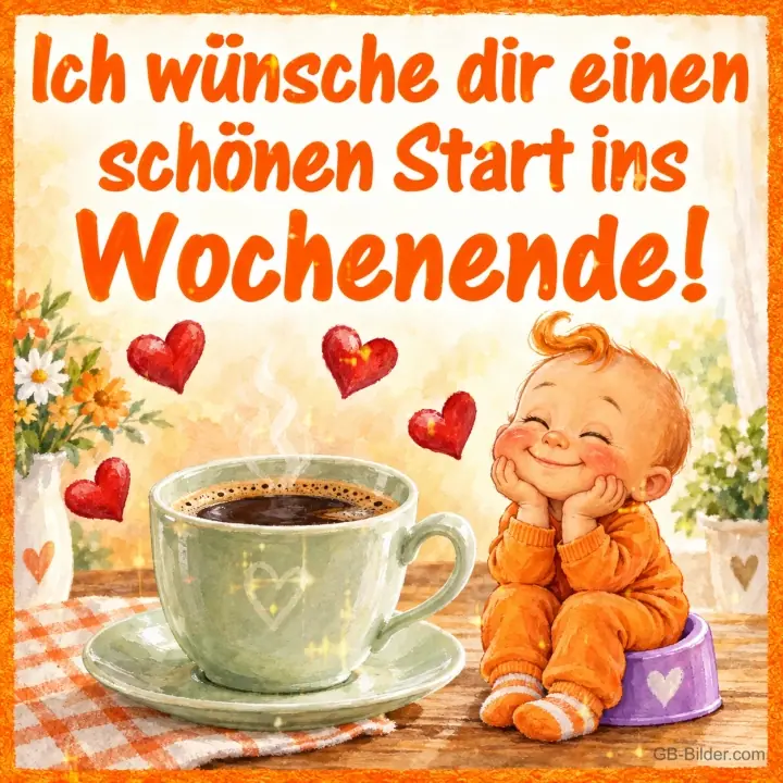 Kleinkind sitzt lächelnd auf dem Töpfchen neben einer Kaffeetasse, Text: Ich wünsche dir einen schönen Start ins Wochenende!