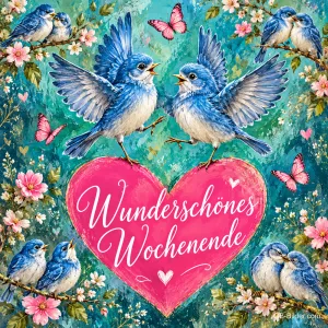 Blaue Vögel flattern um ein großes rosa Herz zwischen Blumen, Text: Wunderschönes Wochenende