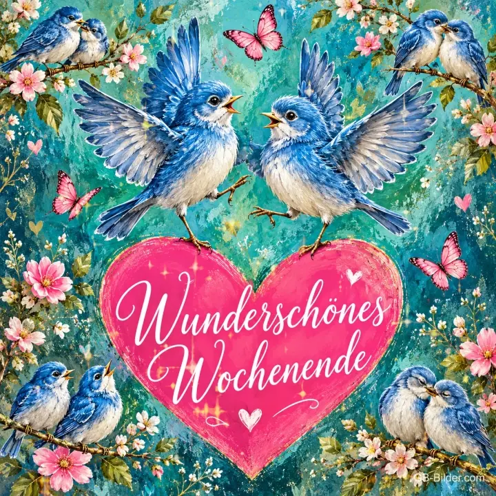 Blaue Vögel flattern um ein großes rosa Herz zwischen Blumen, Text: Wunderschönes Wochenende