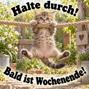Kätzchen hängt an einem Seil im Garten, Text: Halte durch! Bald ist Wochenende!